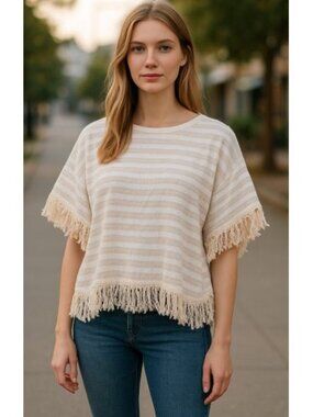 NEW Fringed Tan Striped REWIND Boho Circle Shawl Top Ladies MEDIUM